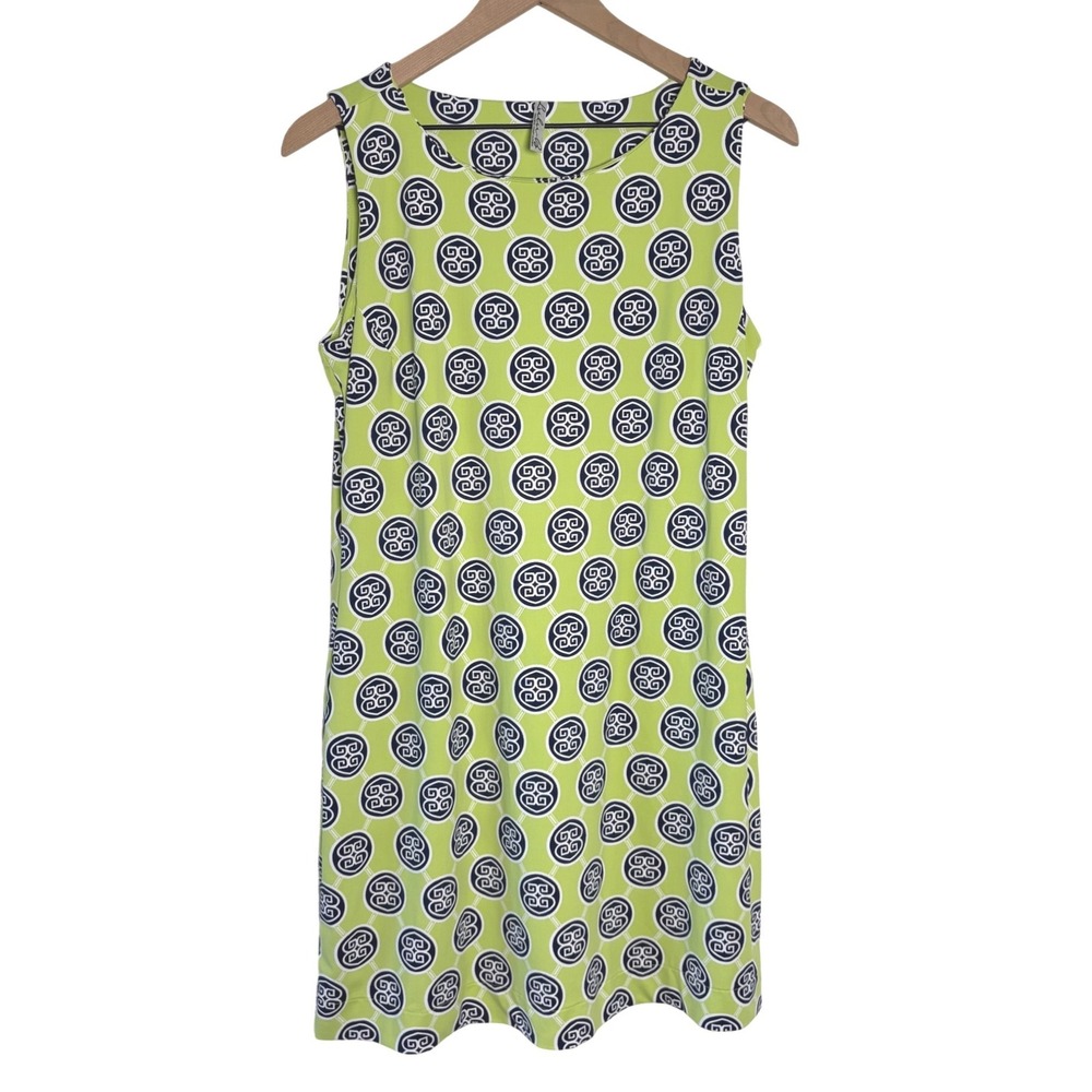 Lulu-B Geometric Medallion Shift Dress Lime Green Sleeveless Large 4426